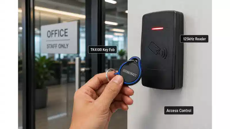 TK4100 key fob being used with a 125kHz access control reader TK4100 key fob being used with a 125kHz access control reader