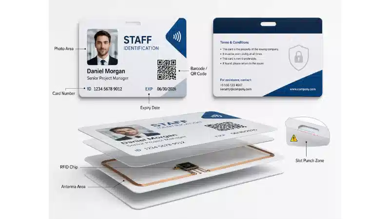 Custom ID card layout and internal RFID card structure with labeled specification areas Custom ID card layout and internal RFID card structure with labeled specification areas